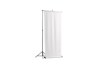 Roll-up display banner with white blank canvas, tripod base and telescopic support pole, isolated on a transparent background