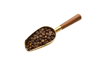 Brass coffee scoop with wooden handle filled with roasted brown coffee beans at angle, isolated on a transparent background
