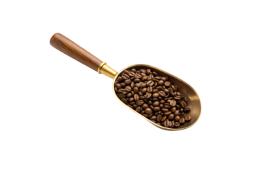 Gold metal coffee scoop with wooden grip holding whole roasted coffee beans from above, isolated on a transparent background