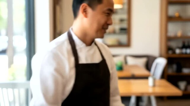 Smiling chef in a cozy restaurant setting, preparing for a cooking session with patrons nearby