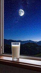 Night Sky View with Glass of Milk on Windowsill