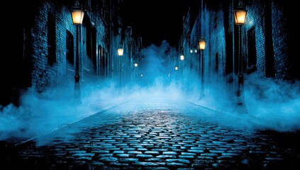 Fototapeta premium Misty alleyway at night, lit by lanterns