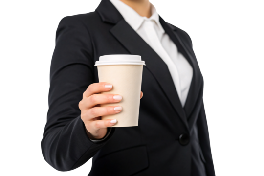 Businesswoman holding coffee cup in black suit, isolated on a transparent background