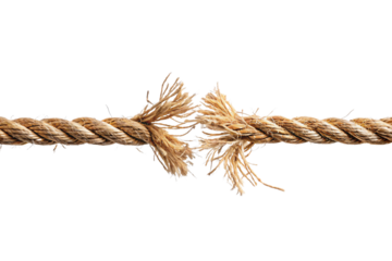 Severely damaged rope with multiple frayed sections about to break from stress, isolated on a transparent background