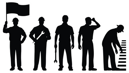 Silhouette of Labor: Dynamic silhouettes of dedicated workers symbolize industry, unity, and the vital role of labor. They each embody a unique element of a hard day's work