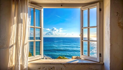 Ocean View Through Open Window with White Curtains