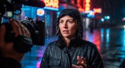 Woman reporter being interviewed in the rain. Journalist reporting live from a street at night. News coverage and media broadcast concept.