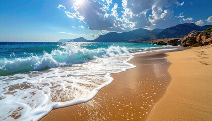Ocean Waves Crashing on Sandy Beach Under Sunny Sky