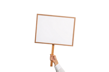 Hand holding rectangular wooden frame sign on pole, blank white board, demonstration placard, white sleeve, isolated on a transparent background