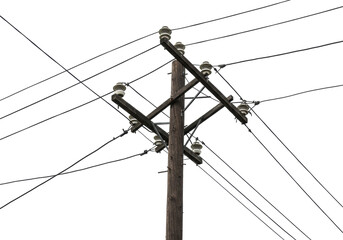 Isolated Wooden Power Pole with Ceramic Insulators and Cables for Electricity Supply