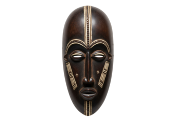 Isolated wood carving mask, traditional ethnic tribal decorative art from Africa no background