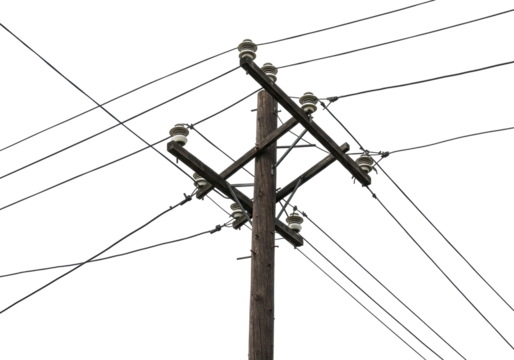 Isolated Wooden Power Pole with Ceramic Insulators and Cables for Electricity Supply