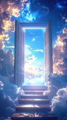 Open Door to a Celestial Sky with Staircase