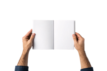 Open magazine hands holding blank pages white paper spread reading publication brochure catalog booklet empty mockup template design, isolated on a transparent background