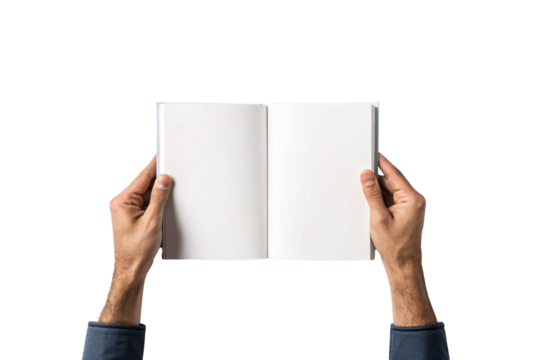 Open book blank pages hands holding reading notebook journal diary empty white paper spread two-page mockup template, isolated on a transparent background