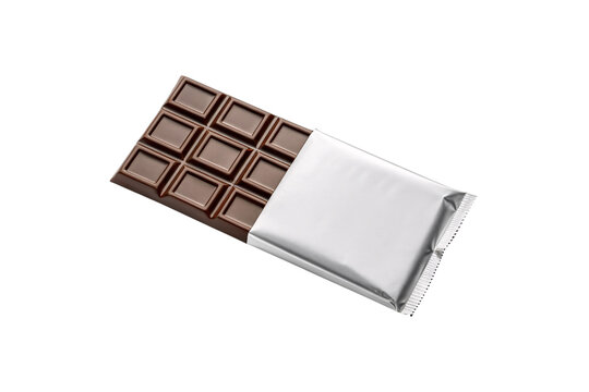 Chocolate bar partially unwrapped in silver foil wrapper with segmented squares visible on white background, isolated on a transparent background