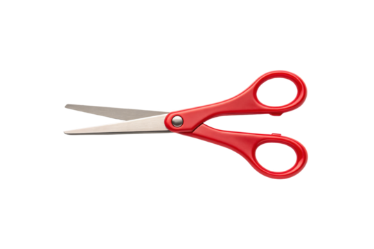 Red handled scissors with stainless steel blades shown partially open displaying household cutting tool design, isolated on a transparent background