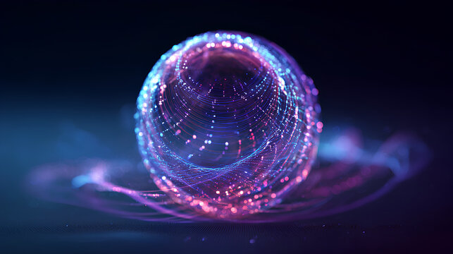 Neon futuristic 3d sphere of blue and purple glowing digital waves and particles. Future technology concept, Artificial Intelligence, engineering, and science. Abstract energy orb. Data, innovations. - Powered by Adobe