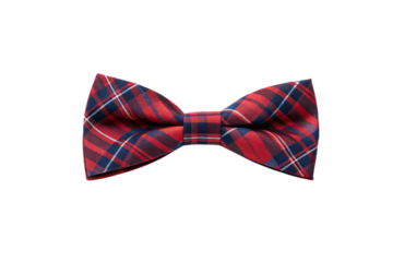 Red and navy blue diagonal plaid pattern bow tie with white accent lines, isolated on a transparent background