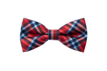 Red, navy, light blue multicolor checkered plaid bow tie with complex intersecting pattern design, isolated on a transparent background