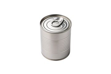 Tall silver metal can with ridged sides and pull-tab ring opener on top, isolated on a transparent background