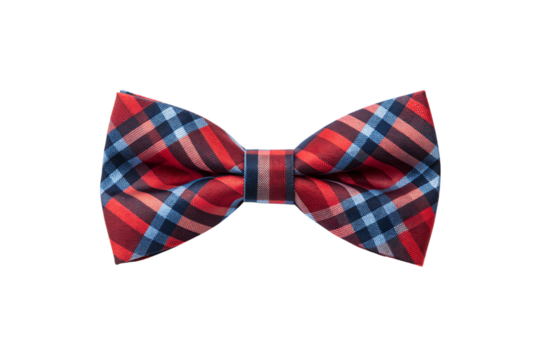 Red, navy, light blue multicolor checkered plaid bow tie with complex intersecting pattern design, isolated on a transparent background