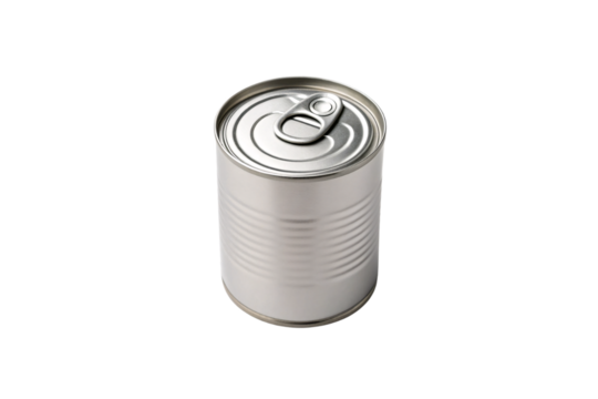 Tall silver metal can with ridged sides and pull-tab ring opener on top, isolated on a transparent background