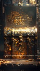 Ornate Golden Treasure Chest on Dark Wooden Surface