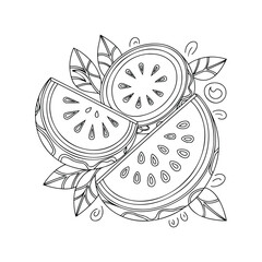 Summer Fruit Slice line art coloring page for kids and adults. Printable hand drawn vector illustration for creative relaxation and stress-free coloring fun.
