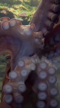 Close up of tentacles and suckers of a Giant Pacific Octopus. Slow motion.