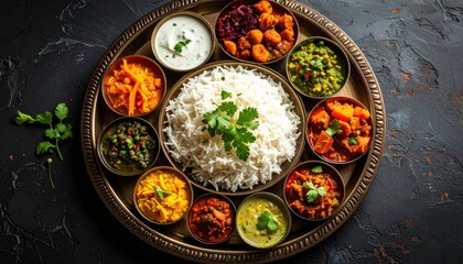 Overhead View of Indian Thali with Rice and Various Curries
