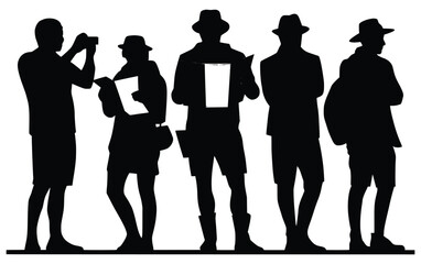 Shadowed Travelers' Silhouette: A group of travelers stand in silhouette, their forms hinting at exploration, observation, and the spirit of discovery.