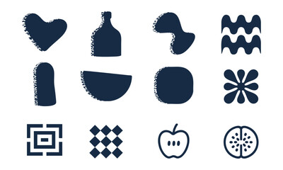 Abstract Brushstroke Icons in Dark Blue Featuring Organic and Geometric Shapes