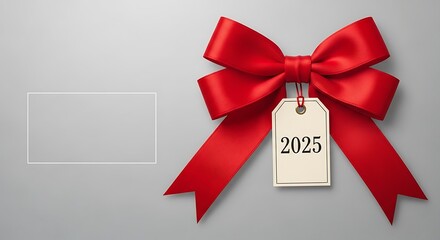 A red satin bow with a tag displaying the year twenty twenty five on a gray background studio shot