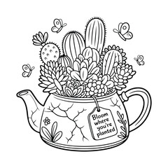 Floral Cactus Teapot coloring page for kids and adults in clean line art style. Black and white vector illustration for art therapy, creativity, and relaxation.  © jahida3