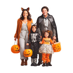 Family Halloween Costumes with Pumpkin Buckets, isolated on transparent background