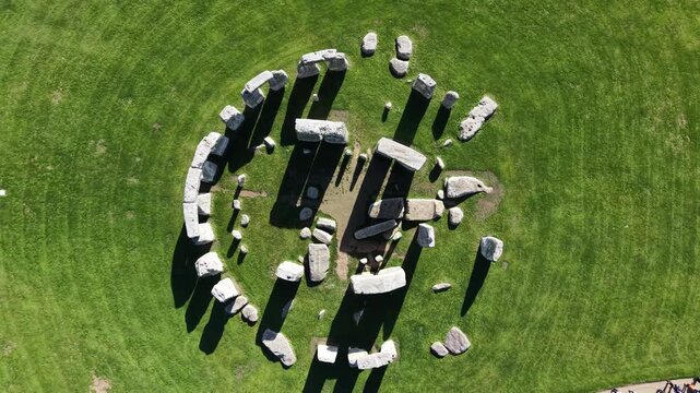Drone view of Stonehenge and Wiltshire Countryside in England, UK. The stone circle dates to 3000 BC and is one of the best known ancient wonders of the world and UNESCO World Heritage Site.