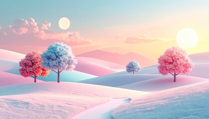 Pastel Winter Landscape with Pink and Blue Trees