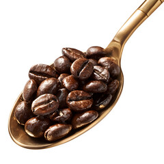 Coffee Beans on Golden Spoon, isolated on transparent background