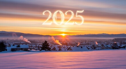 A winter landscape with a town at sunrise and the year two thousand and twenty five in the sky above it