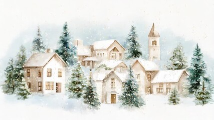 A charming, snow-covered village scene in the heart of winter with picturesque snow covered houses. Delicate snowflakes gently fall upon the cozy homes, trees creating a serene atmosphere.  - Powered by Adobe