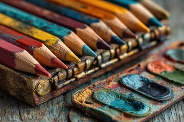 Colorful pencils rest neatly inside wood case next to paint palette on wooden surface