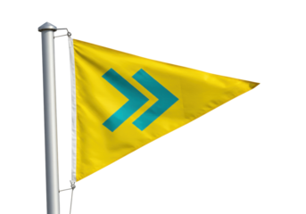 Isolated Pennant Flag with Turquoise Forward Arrows Symbol on Yellow Field, No Background