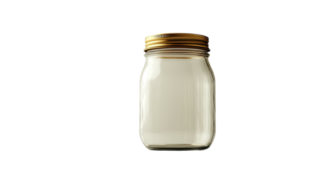 Glass jar, golden lid, clear liquid, isolated