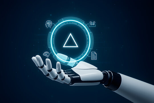 Automated android palm presenting radiant cobalt digital sphere featuring neural network symbols and glowing data particles in sleek technology visualization - Powered by Adobe