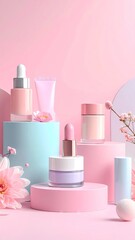 Pink and Blue Cosmetic Products Display with Cherry Blossoms