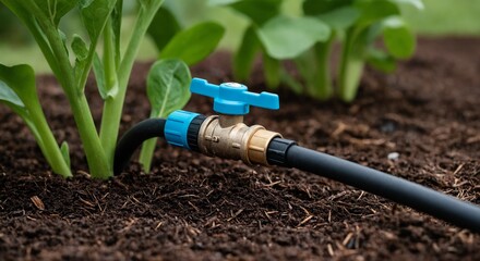 Drip irrigation valve close-up in garden soil with seedlings