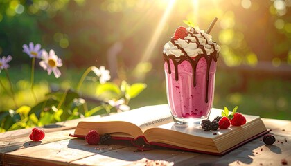 Pink Berry Smoothie with Chocolate Drizzle on Open Book Outdoors