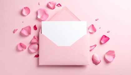 Pink Envelope with Blank Card and Rose Petals
