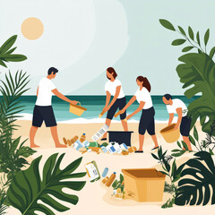 A group of people are cleaning up trash on a beach. Scene is one of community and environmental responsibility